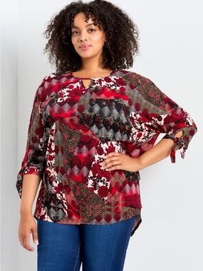 Avenue Plus Size Red, Black & White Mixed Print Tie-Sleeve Tunic